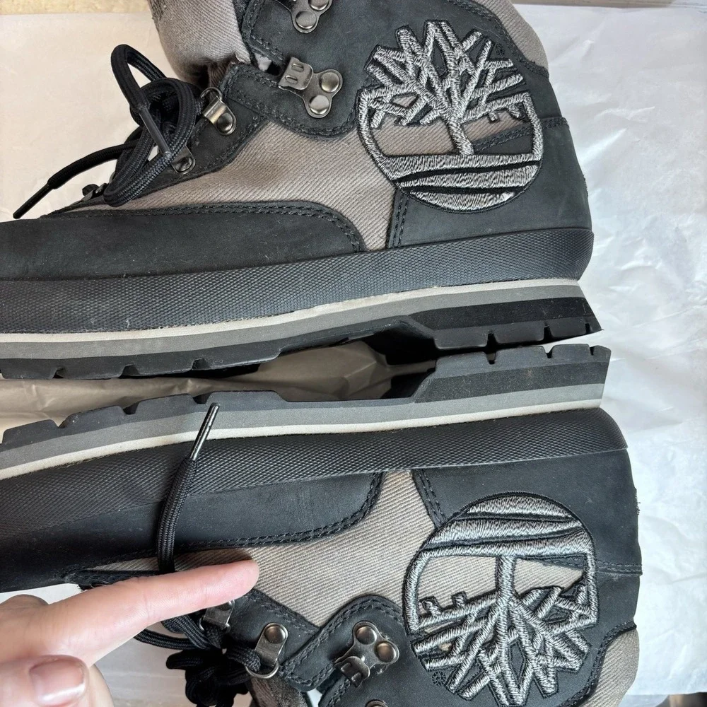 Timberland Boots 12 Euro Hikers Large Logo Embroidered Gray Black Suede 36077